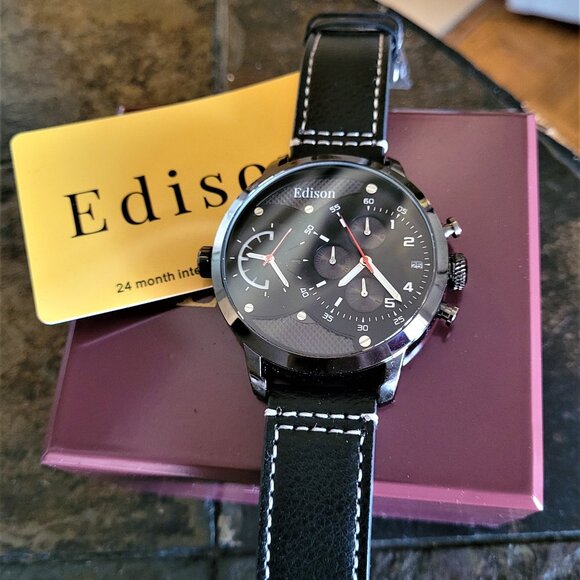 Edison Men's Oversized Dual Time Zone Black Leather Watch - Picture 6 of 6